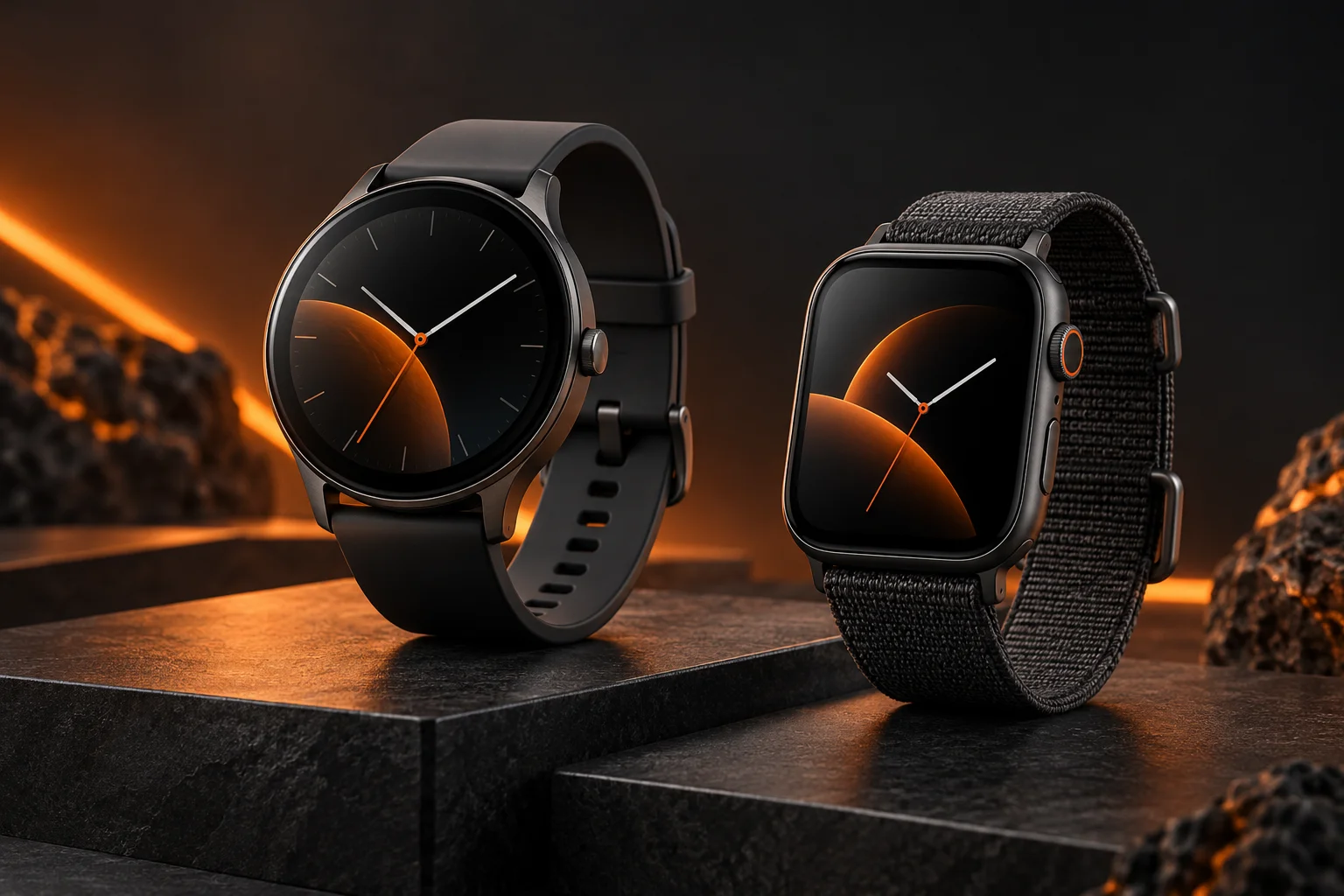 Illustration de deux montres connectées, ronde et rectangulaire, dans un décor sombre et orange