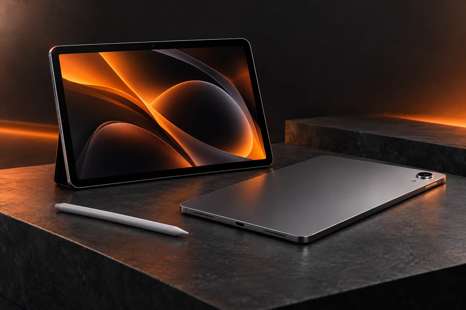 Illustration de deux tablettes et d’un stylet dans une ambiance sombre et orange